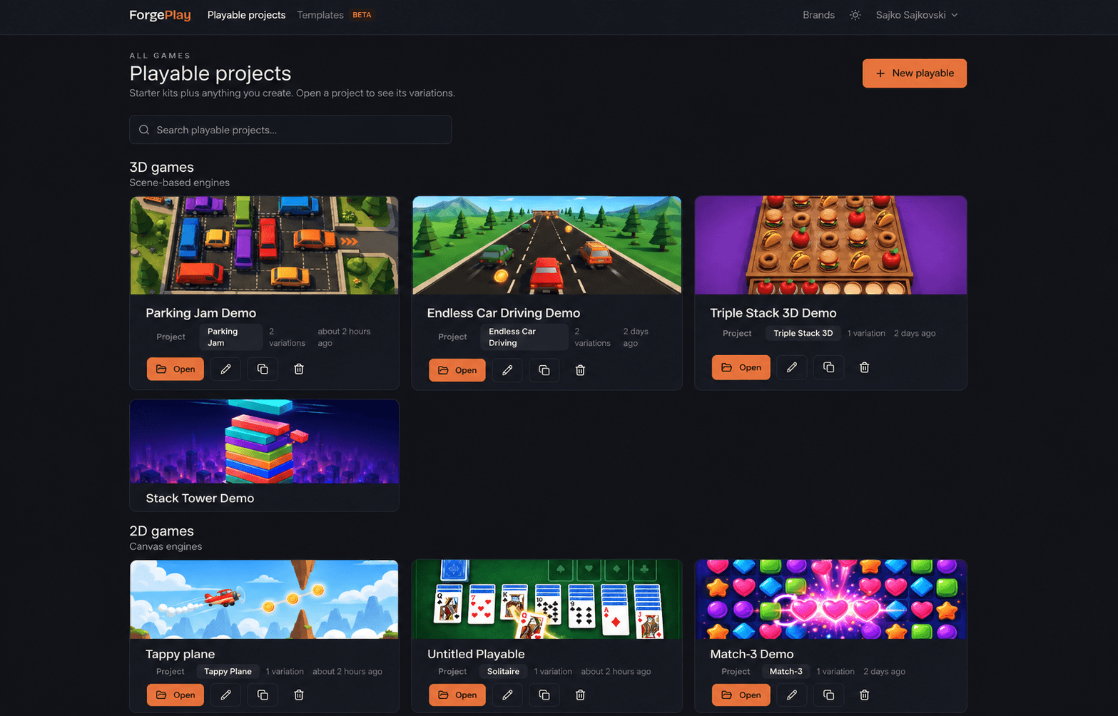 Forge Playable projects dashboard with 3D and 2D playable templates and variations